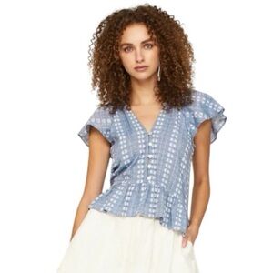 Veronica Beard Floral Embroidered Button-Up Flutter Sleeve Peplum Maple Top